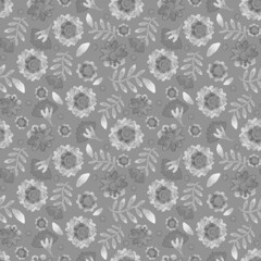 Monochrome floral ornament on a gray background. Seamless pattern for postcard, packaging, wrapping, scrapbooking, wallpaper, design, decoration. Raster illustration.