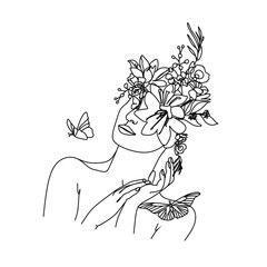 Woman face with butterfly and flowers. Line art female hands with butterflies. One line vector drawing. Portrait minimalistic style. Botanical print. Nature symbol of cosmetics.