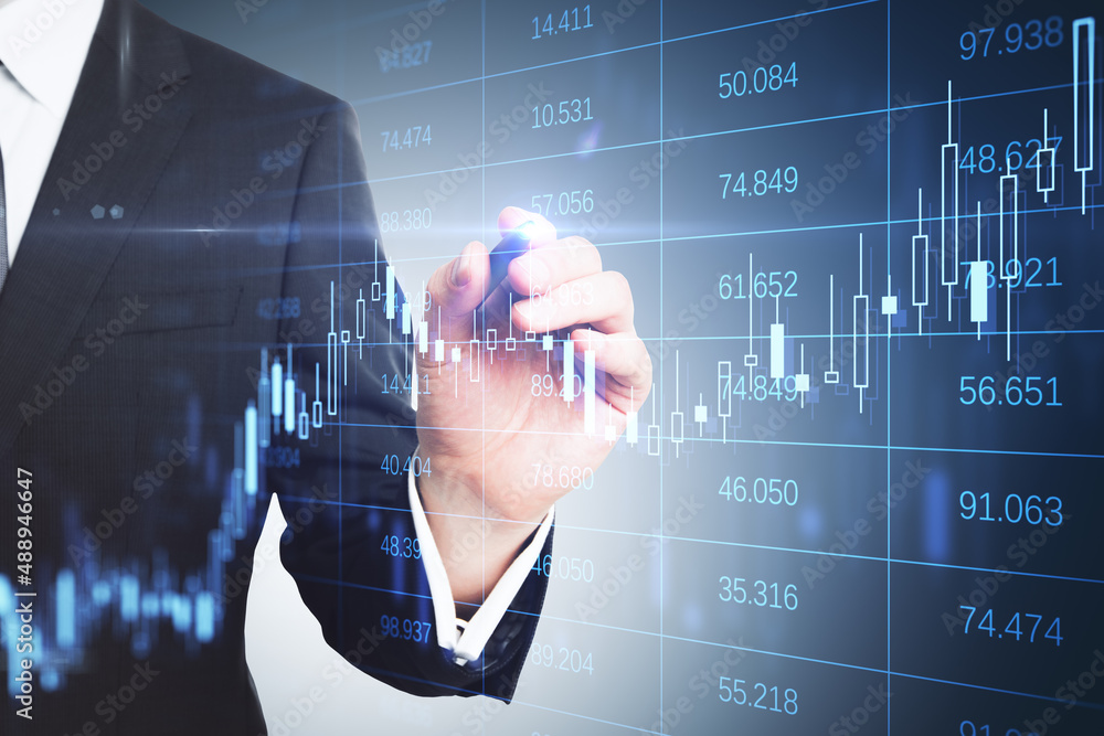 Poster close up of businessman hand with pen pointing at abstract glowing grid with index and candlestick f
