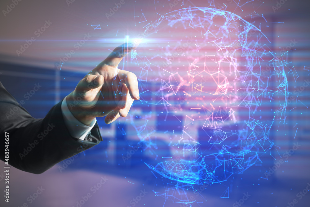 Poster Close up of man hand pointing at abstract glowing polygonal sphere on blurry office interior background. Technology and cyber concept. Double exposure.