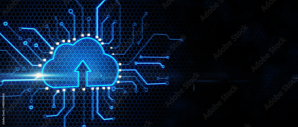 Leinwandbilder Cloud computing concept with bright digital cloud icon with arrow surrounded by microcircuit lines on empty dark background with copyspace for your logo. 3D rendering, mock up