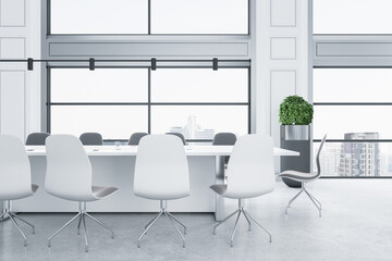 Airy modern all-white conference room with light chairs around meeting table, tree in a flowerpot, concrete floor and skyscrapers view from windows. 3D rendering