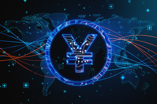Abstract glowing blue yen sign and map with charts on blurry background. Currency, trade and digital market concept. 3D Rendering.