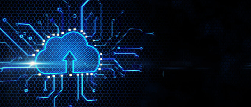 Cloud computing concept with bright digital cloud icon with arrow surrounded by microcircuit lines on empty dark background with copyspace for your logo. 3D rendering, mock up