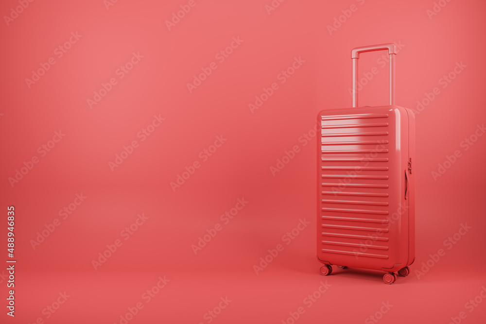 Poster Abstract red suitcase background with mock up place. Travel and luggage concept. 3D Rendering.