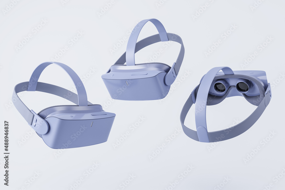 Poster Close up of abstract gray VR glasses on white backdrop. Device and augmented reality concept. 3D Rendering.