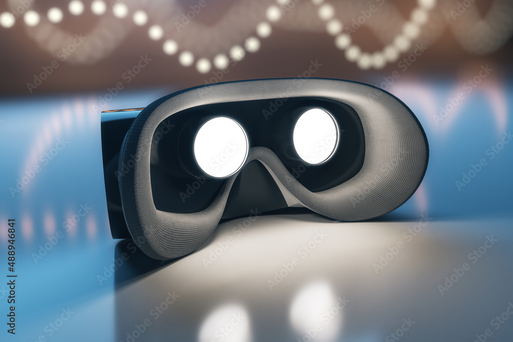 Aufkleber Close up of abstract VR glasses on blurry light backdrop with mock up place. Device and augmented reality concept. 3D Rendering.
