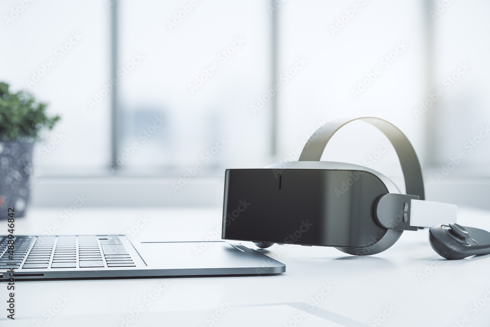 Poster Close up of abstract VR glasses on blurry light office table background with laptop keyboard and other items. Mock up place. Device and augmented reality concept. 3D Rendering.