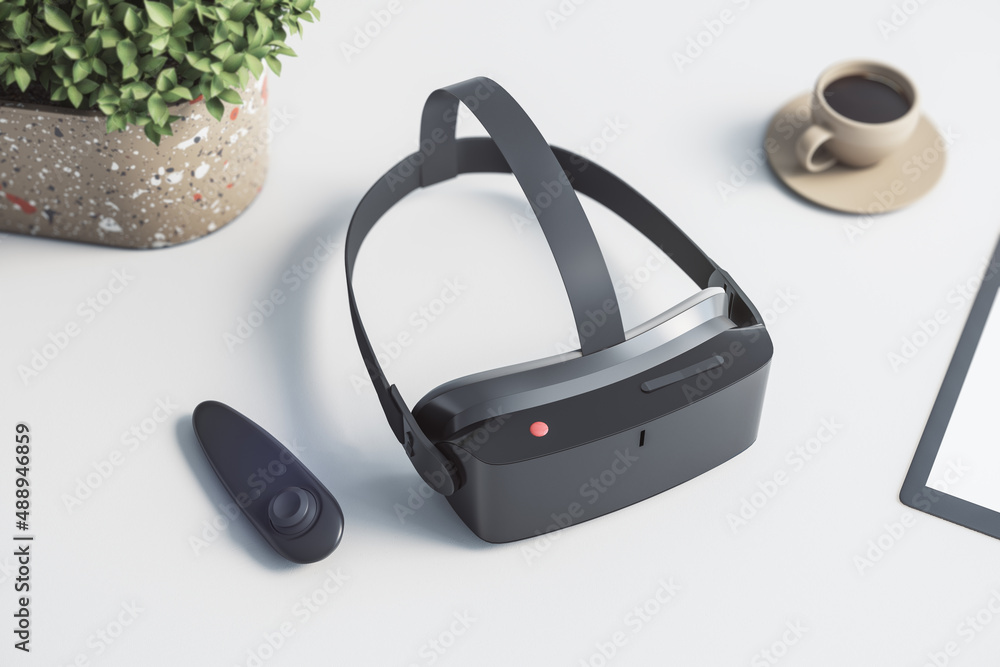 Poster close up of vr glasses on blurry office desktop with plant and coffee cup. augmented reality and tec