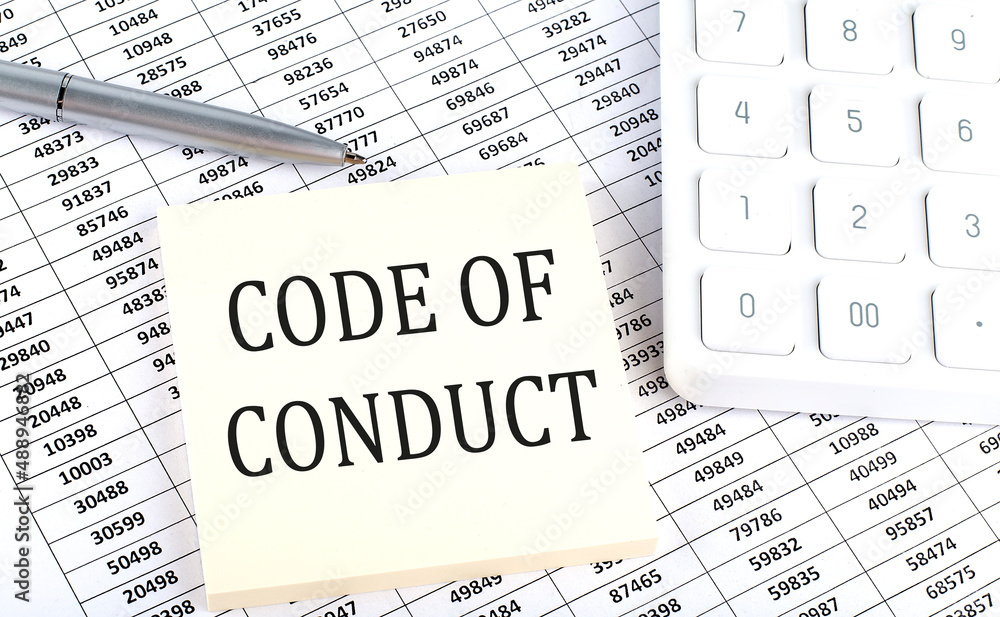 Aufkleber code of conduct - business concept, message on sticker on chart background