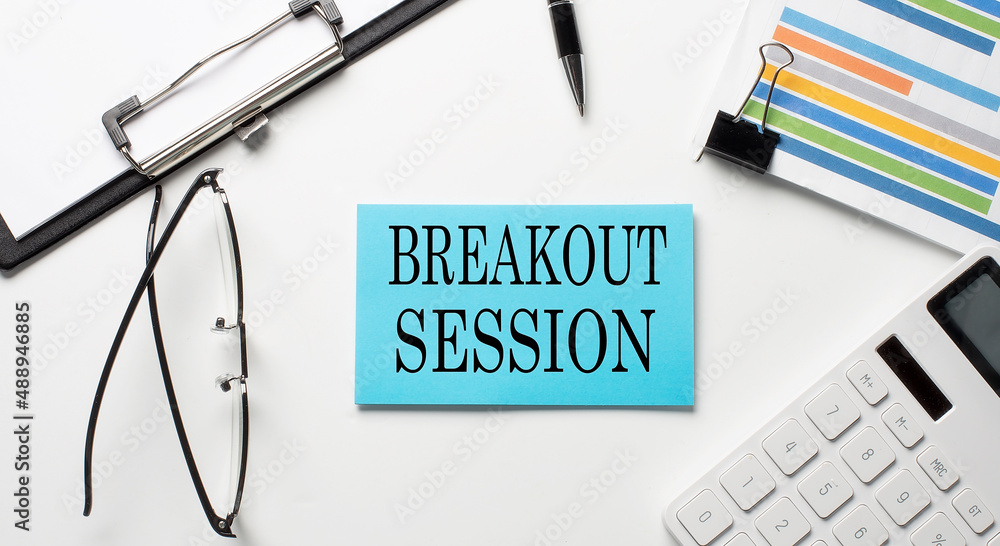 Poster stickers with chart,calculator and paper with text breakout session on white background