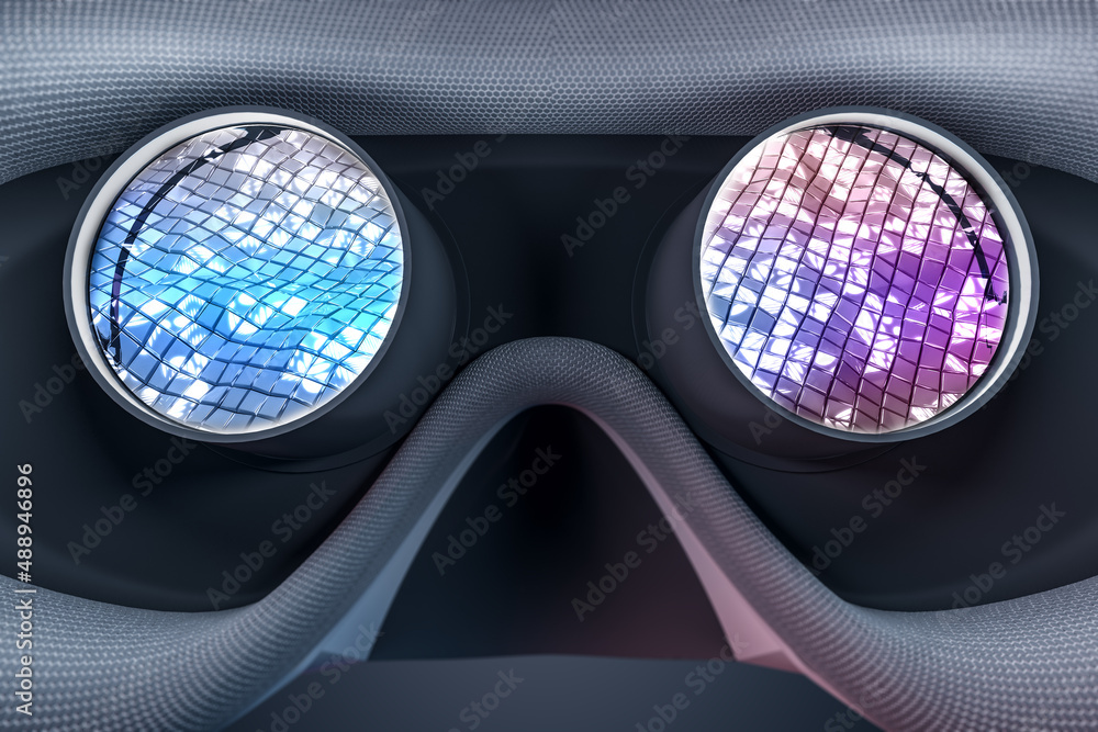 Aufkleber Close up of rear inside view abstract VR glasses on blurry gray backdrop. Device and augmented reality concept. 3D Rendering.