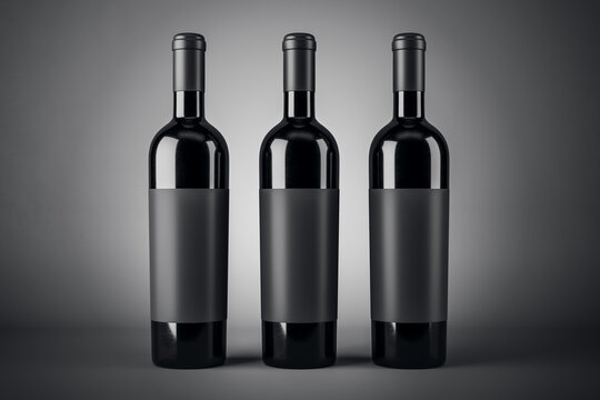 Three black wine bottles with empty blank labels with copyspace for your brand on abstract dark background, red wine concept. 3D rendering, mock up