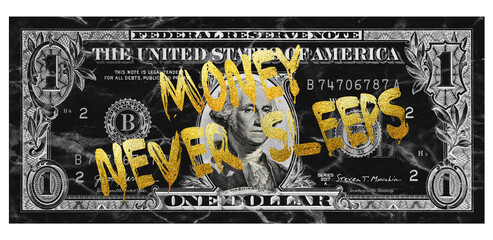 Money Never Sleeps golden , money in colors and golden texture, concept of investment in the...