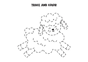 Trace and color cute black and white Easter lamb. Worksheet for children.