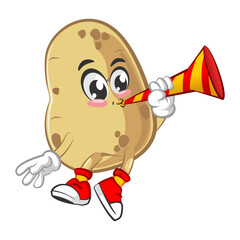 vector illustration of cute potato mascot character blowing party trumpet