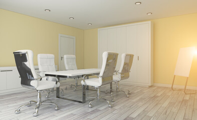 Elegant office interior. Mixed media. 3D rendering.. Sunset.