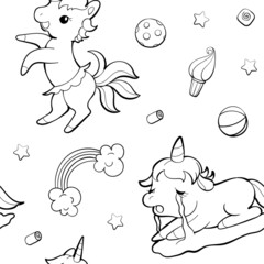 Seamless vector pattern with cute unicorns on white background. Perfect for textile, wallpaper or print design. Design for coloring book.