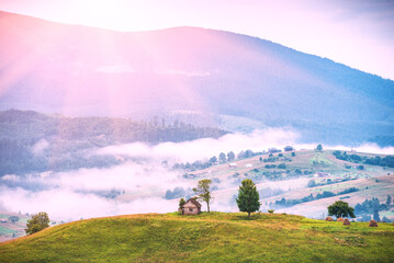 Fototapeta premium Wooden house on a grassy hill in a foggy valley