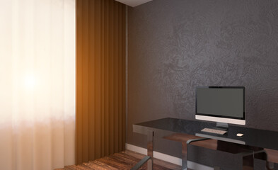 Elegant office interior. Mixed media. 3D rendering.. Sunset.