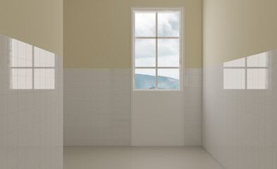 Spacious bathroom in gray tones with heated floors, freestanding tub. 3D rendering.