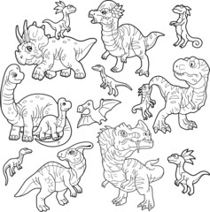 cartoon cute prehistoric dinosaurs, picture set, coloring book