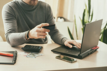 Digital banking, internet payment, online shopping, financial technology concept. man using mobile phone paying via mobile banking app