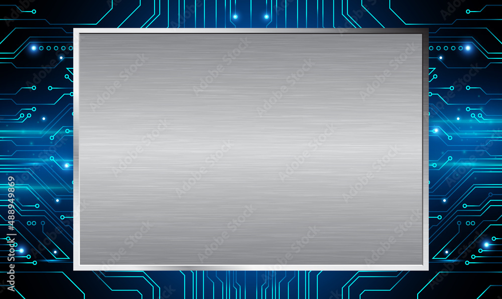 Poster metal texture plate on blue circuit board background. high tech circuit board connection system conc