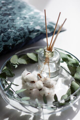 aromatherapy and decoration concept - close up of aroma reed diffuser, cotton flowers and eucalyptus in low glass vase at home