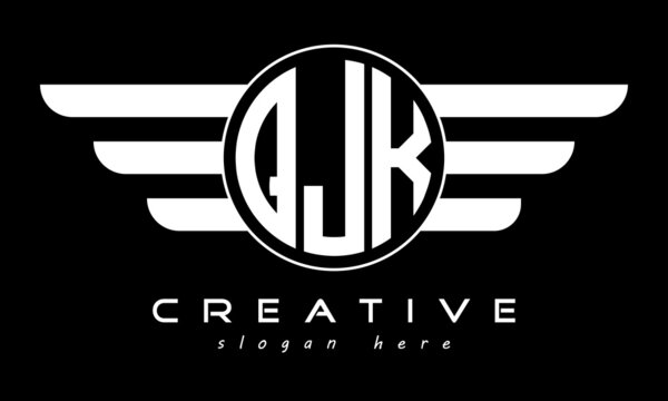 QJK three letter monogram type letter logo with wings vector template.
