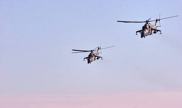 Russian military helicopter MI-24 during exercises in the Republic of Belarus.