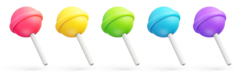 Set of colorful sweet cute lollipops. Round multicolored candies on stick in cartoon style. Candy icon set. 3d vector illustration