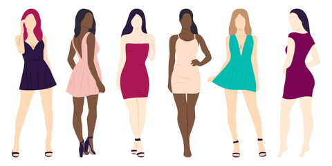Vector set with slim woman in a short summer dress. Women clothing design.