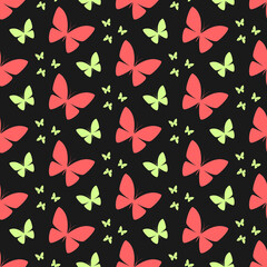 Red and green butterflies on black background seamless pattern. Minimalist trendy contemporary design. Best for textile, wallpapers, wrapping paper, package and home decoration.