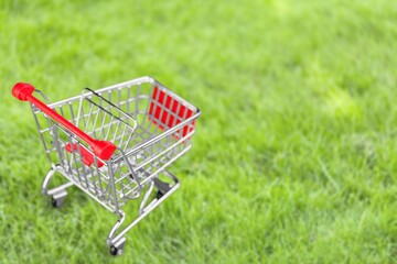 Sustainable consumption. Small shopping cart on green grass background. Zero waste concept.