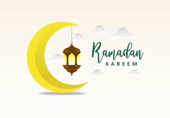 Ramadan kareem background banner poster greeting card with yellow moon and lantern.