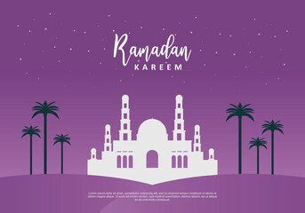 Ramadan kareem background banner poster greeting card with big mosque and plants isolated on purple background.