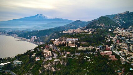 Panorama of Mount Etna and Taormina from Sicily