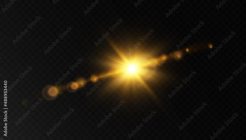Aufkleber Glowing flash. Sparkling light effects of lens flare with colorful twinkle. Beautiful glare effect with bokeh, glitter particles and rays. Shining abstract background. Vector illustration