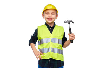 building, construction and profession concept - happy smiling little boy in protective helmet and safety vest with hammer over white background