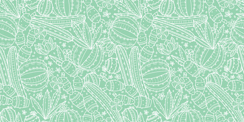 Cute hand drawn cactus seamless pattern, line art background, vibrant colors, great for banners, wallpapers, textiles, wrapping - vector design © TALVA