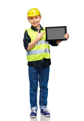 building, construction and profession concept - happy smiling little boy in protective helmet and safety vest with tablet pc computer over white background