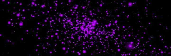 purple flying particles on a black banner. dark abstract background with purple glowing particles 8k