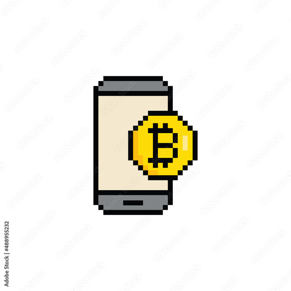 Aufkleber pixel bitcoin sign with mobile phone icon. cryptocurrency symbol. cryptocurrency icon. pixel art blo