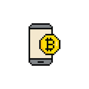 pixel  Bitcoin sign with mobile phone icon. Cryptocurrency symbol. cryptocurrency icon.  pixel art blockchain-based secure cryptocurrency.  sign for 8 bit game