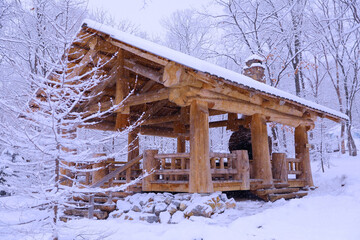 a wooden hut is like a gazebo in a winter snow-covered forest where it snows 