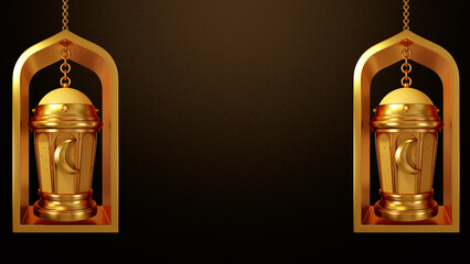 Fototapeta na wymiar 3D rendering Template Design Ramadan Kareem Lanterns, lamps gold color, religion Islamic, happy eid mubarak concept illustration backgrounds, Resolution image 4800x2700 Pixel
