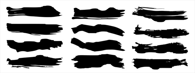 Vector collection of artistic grungy black paint hand made creative brush stroke set isolated on banner background. A group of abstract grunge sketches for design education or graphic art decoration