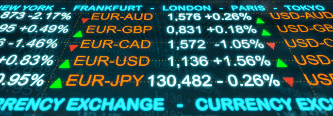 Exchange rates and currency symbols from USD, EUR, GBP, JPY or AUD. Currency and exchange rates concept. 3D illustration	