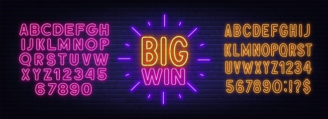 Naklejka premium Big Win neon sign on brick wall background